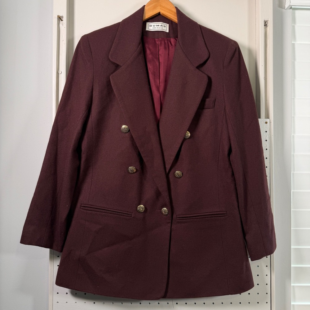 Dumas Vintage Burgundy Double Breasted Blazer Gold Crest Buttons Made in USA 6
